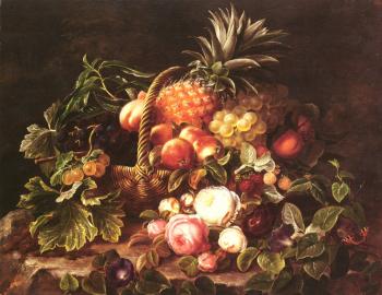 約翰 勞倫茨 延森 A Still Life Of A Basket Of Fruit And Roses